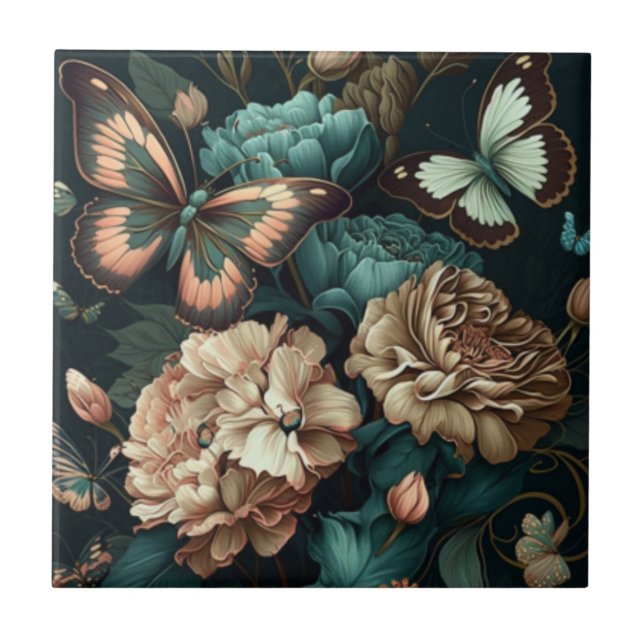 Azulejo De Cerâmica Borboletas e flores design clássicas escuras (Frente)