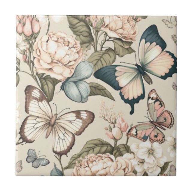 Azulejo De Cerâmica Borboletas e flores pastadas (Frente)