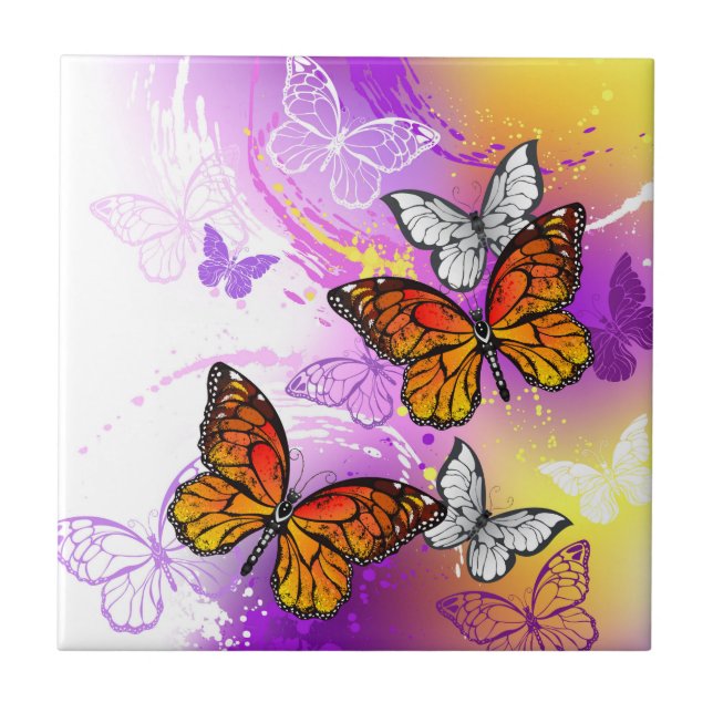 Azulejo De Cerâmica Borboletas Monarca em Fundo Roxo (Frente)