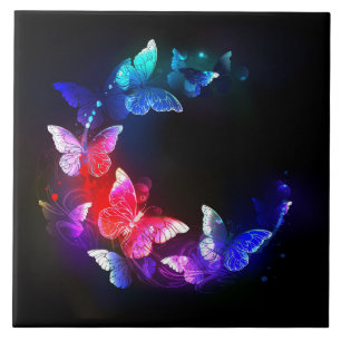 Azulejo De Cerâmica Borboletas Neon Night brilhantes sobre fundo preto