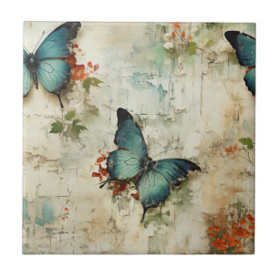 Azulejo De Cerâmica Borboletas Turquesa Vintage Floral Rústico