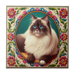 Azulejo De Cerâmica Borda das Flores Coloridas de Gato de Birmanês Dec