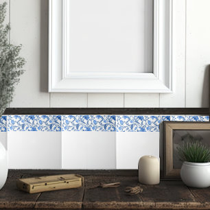 Azulejo De Cerâmica Borda Floral Azul Branco Simples