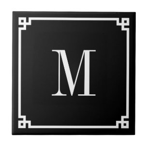 Azulejo De Cerâmica Borda Monogramada Chave Grega Preta e Branca