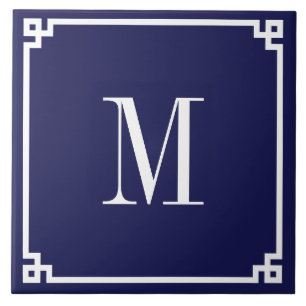 Azulejo De Cerâmica Borda Monogramada em Azul Marinho e Branco com Mot
