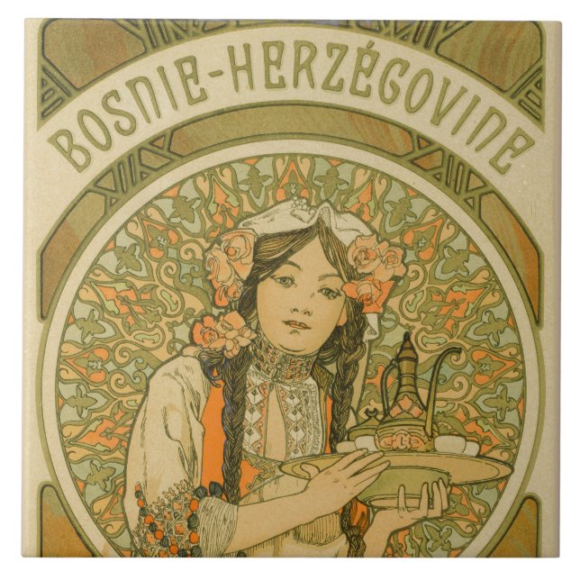 Azulejo De Cerâmica Bósnia e Herzegovina por Alphonse Mucha (1900) (Frente)