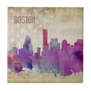 Azulejo De Cerâmica Boston, skyline da cidade da aguarela das MÃES  