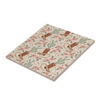 Azulejo De Cerâmica Bota de Cowboy Retro Boho Ocidental Cacto & Floral
