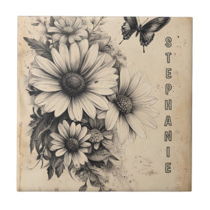 Azulejo De Cerâmica Botânica Borboleta Margarida Sépia Vintage