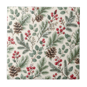 Azulejo De Cerâmica Botânica de Inverno em Aquarela Pinheiro e Frutas