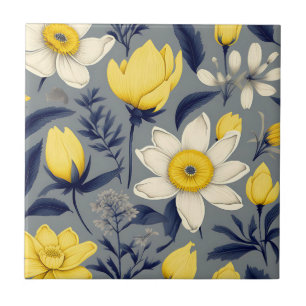 Azulejo De Cerâmica Botânica Vintage com Flor Amarelo na Cinza