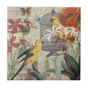 Azulejo De Cerâmica Botânica Vintage de Pássaros Natureza Antiga Tropi