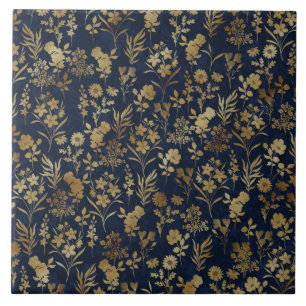 Azulejo De Cerâmica Botanical Gold Flowers Blue Pattern