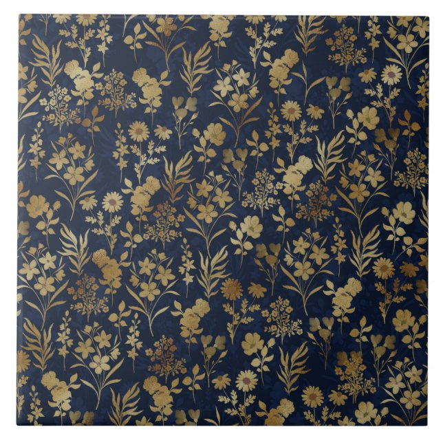 Azulejo De Cerâmica Botanical Gold Flowers Blue Pattern (Frente)