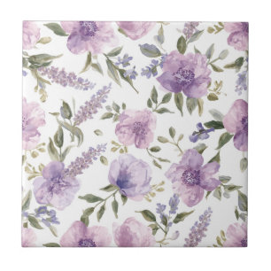 Azulejo De Cerâmica Botânico Aquarela Floral Roxo Lavanda