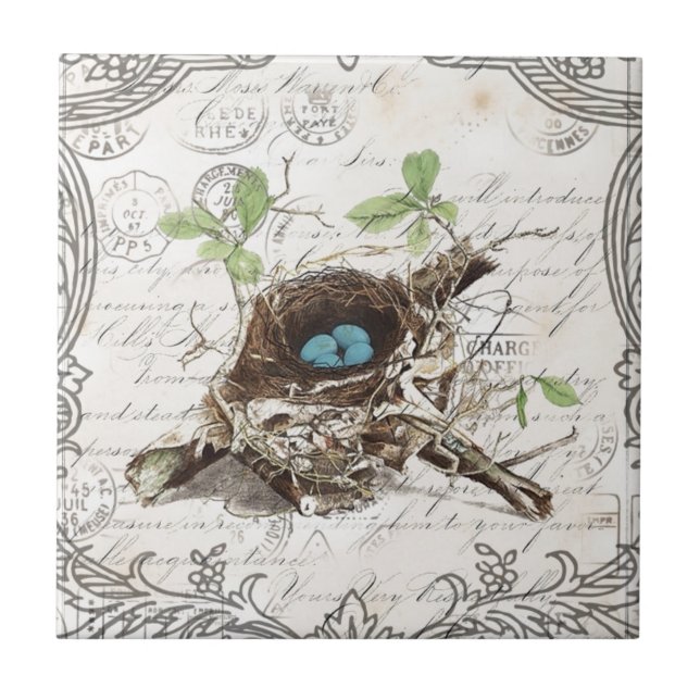 Azulejo De Cerâmica botânico francês do ninho do pássaro das coisas (Frente)