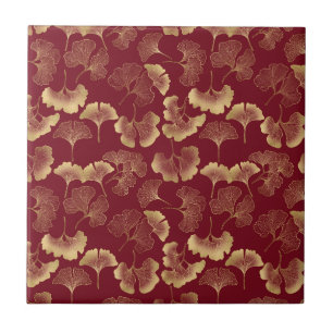 Azulejo De Cerâmica Botânico Ouro de Luxo em Vermelho para Estilo Chic