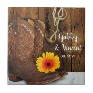 Azulejo De Cerâmica Botas de vaqueiro, margarida e casamento ocidental