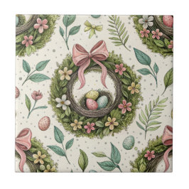 Azulejo De Cerâmica Boxwood Easter Wreath Pink Bow with Egg