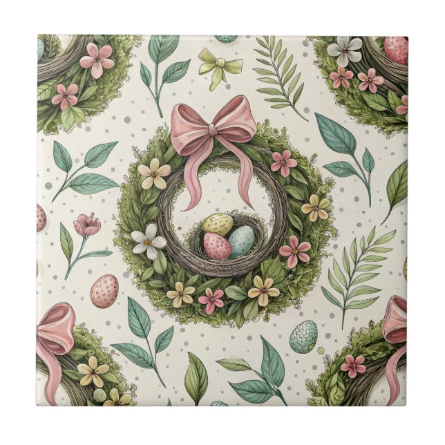 Azulejo De Cerâmica Boxwood Easter Wreath Pink Bow with Egg (Frente)