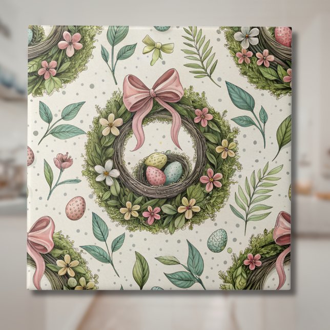 Azulejo De Cerâmica Boxwood Easter Wreath Pink Bow with Egg (Criador carregado)