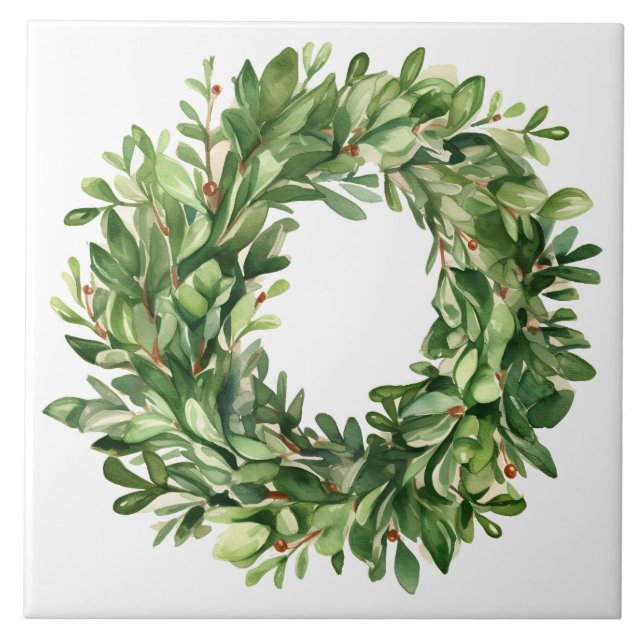 Azulejo De Cerâmica Boxwood Wreath Berries Simples Watercolor Farmhous (Frente)