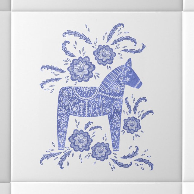 Azulejo de cerâmica branca e azul de Dala Horse (Swedish Dala Horse blue and white art ceramic tile)