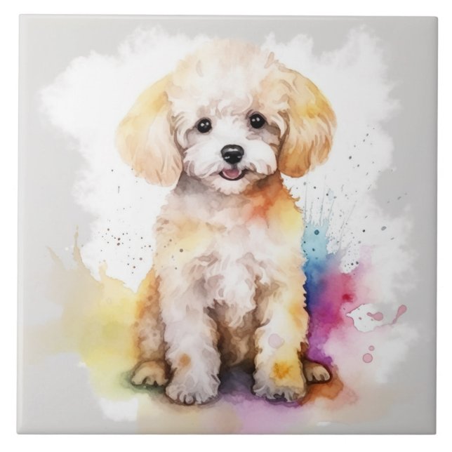 Azulejo De Cerâmica Branca Poodle Watercolor (Frente)