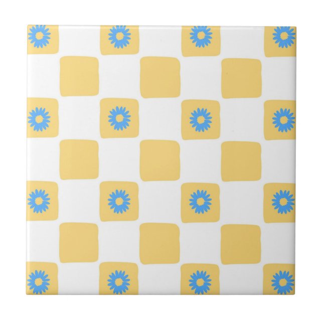 Azulejo De Cerâmica Branco Amarelo Verificado Com Padrão De Flor Azul (Frente)