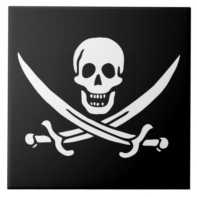 Azulejo De Cerâmica Branco, Bandeira Pirata, Calico Jack, Caveira e Cu (Frente)