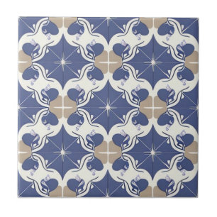 Azulejo De Cerâmica Branco, bege e azul escuro floral