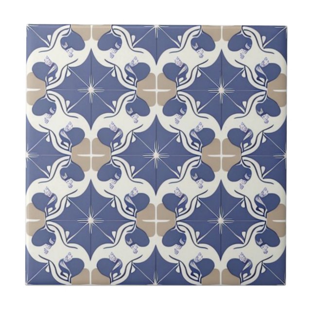 Azulejo De Cerâmica Branco, bege e azul escuro floral (Frente)