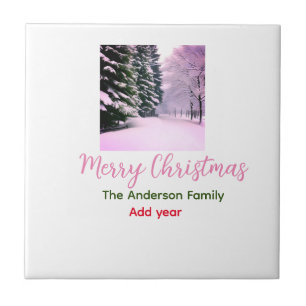 Azulejo De Cerâmica Branco rosa neve feliz natal adicionar nome da fam