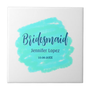 Azulejo De Cerâmica Bridesmaid azul verde aquarela adiciona nome data