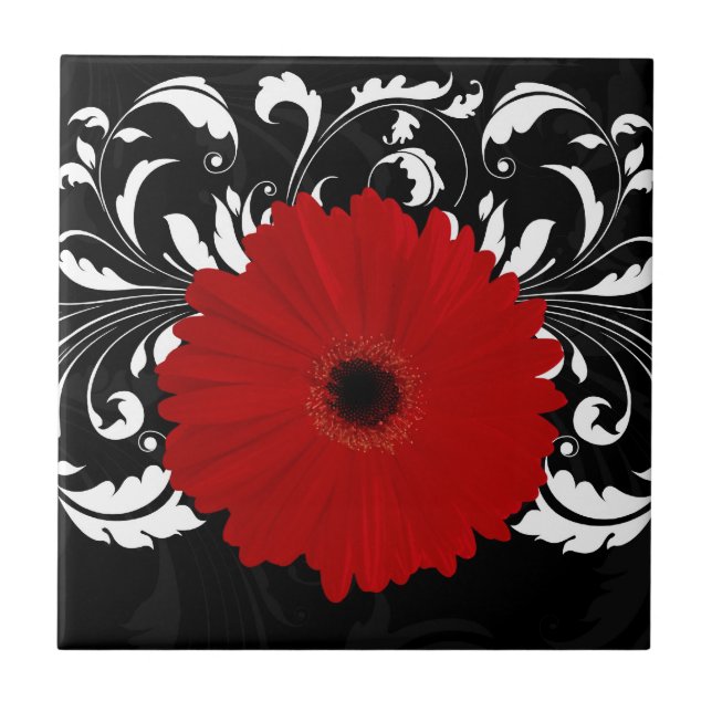 Azulejo De Cerâmica Bright Red Gerbera Daisy em Preto (Frente)