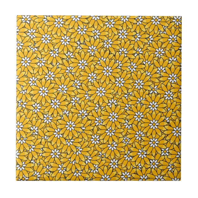 Azulejo De Cerâmica Bright Yellow Overlapping Floral Pattern (Frente)