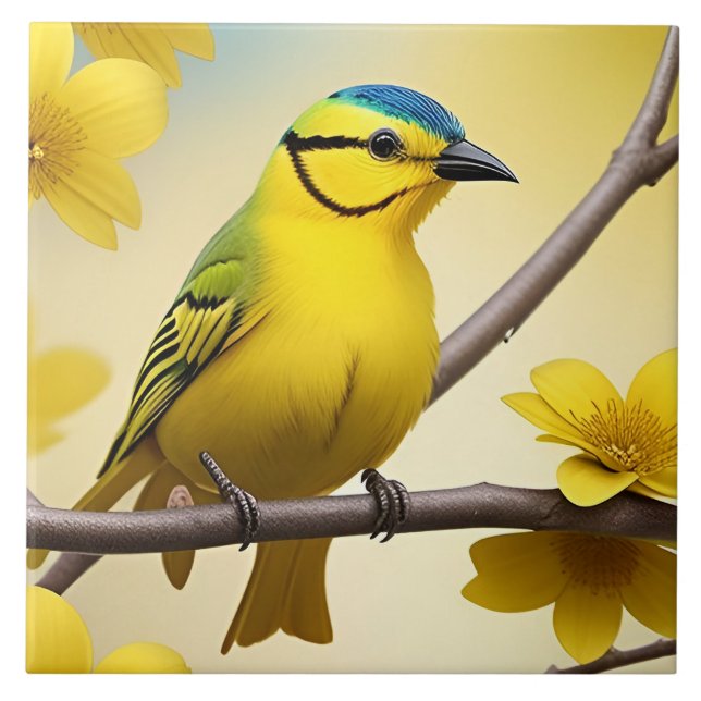 Azulejo De Cerâmica Bright Yellow Songbird Emitido em uma ramificação (Frente)