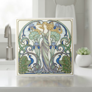 Azulejo De Cerâmica Brilhante Muse Nouveau e Pavões Pat#2 ID1193