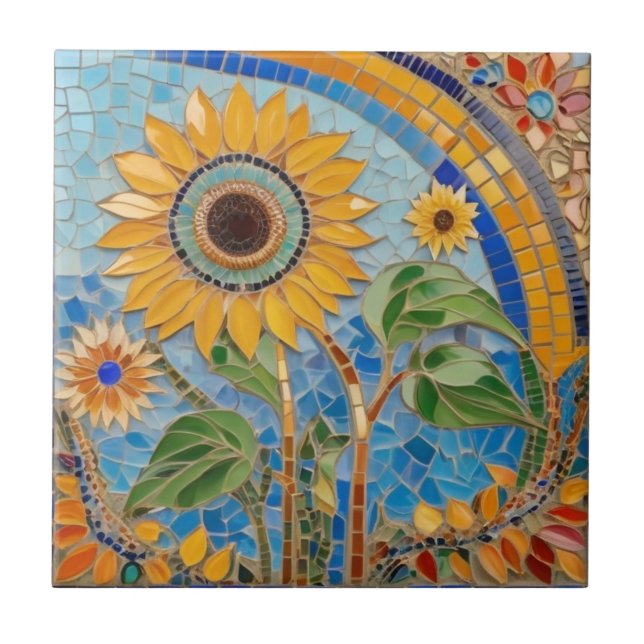 Azulejo De Cerâmica Brilhante Summery Sunflower Faux Mosaic Sky Azul (Frente)
