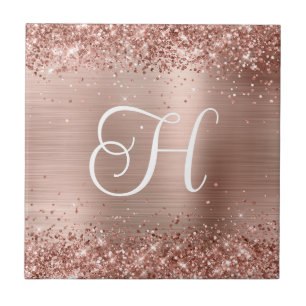 Azulejo De Cerâmica Brilho Rosa Dourado Glitter e Monograma de Folha