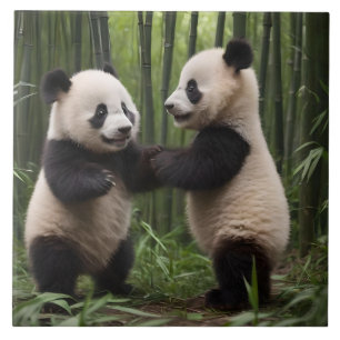 Azulejo De Cerâmica Brincadeiras: Bebês Pandas Brincam na Floresta