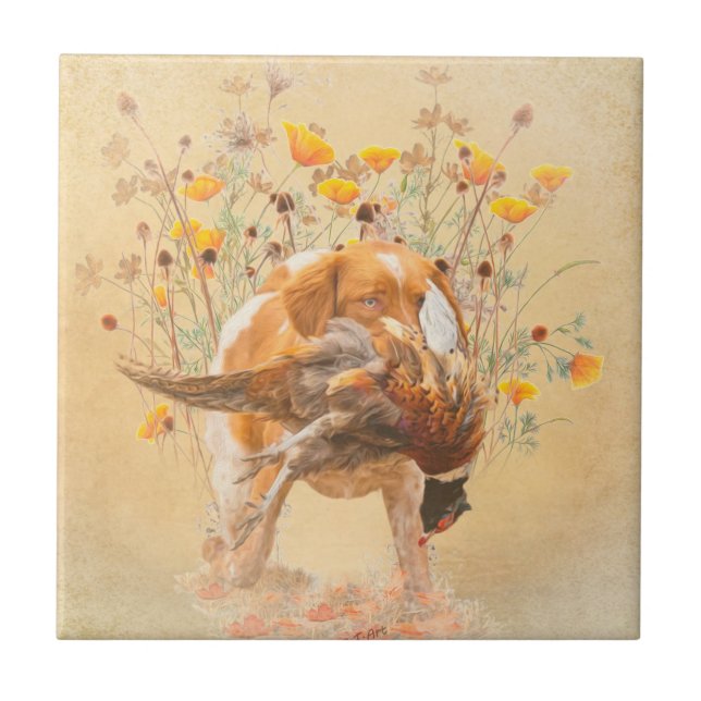 Azulejo De Cerâmica Brittany Spaniel, caçando café faisão Mug T-Sh (Frente)