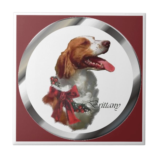 Azulejo De Cerâmica Brittany Spaniel Christmas (Frente)