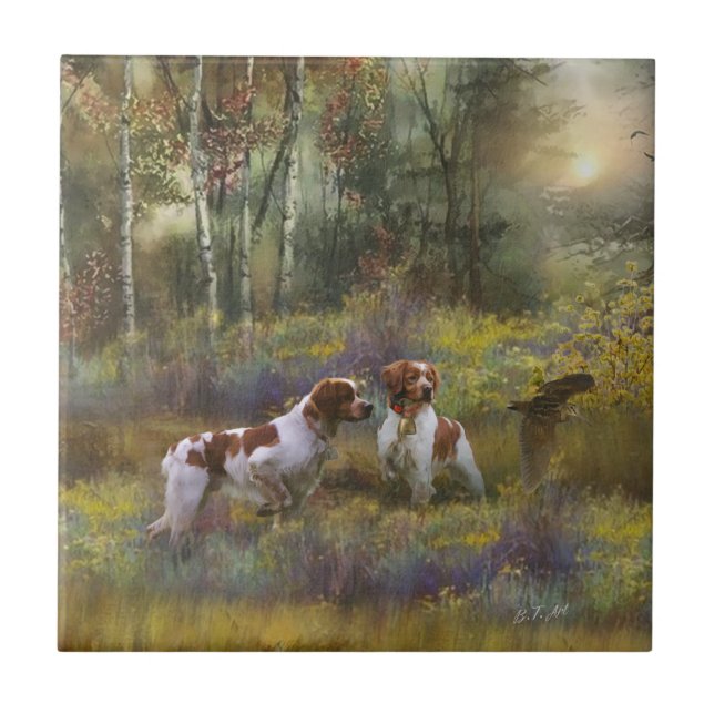 Azulejo De Cerâmica Brittany Spaniels, Caça-Pau, Arte (Frente)