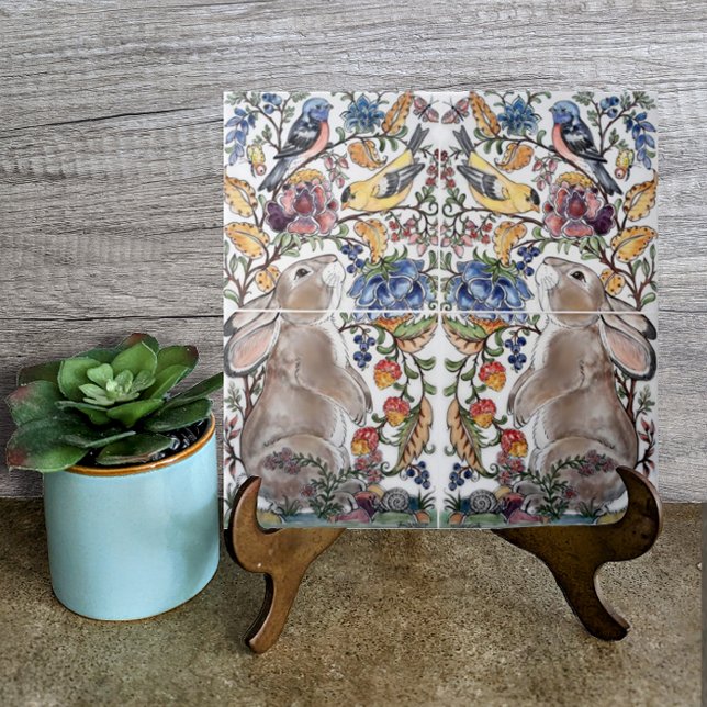 Azulejo De Cerâmica Brown Bunny Rabbit Bird Bonito Jacobean Design (Criador carregado)
