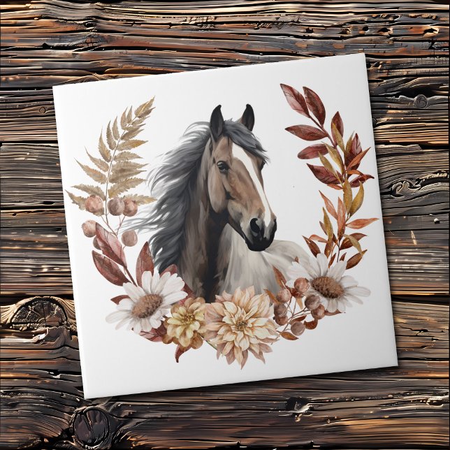Azulejo De Cerâmica Brown Grulla Horse Autumn Wreath (Criador carregado)