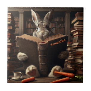 Azulejo De Cerâmica Brown Hare lendo na biblioteca. Nome editável