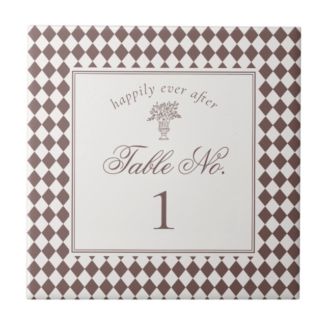 Azulejo De Cerâmica Brown Harlequin Checkered Wedding Table Number (Frente)