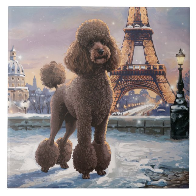 Azulejo De Cerâmica Brown Poodle Winter in Paris Painting Art (Frente)
