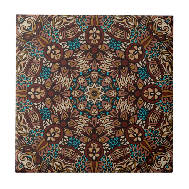 Azulejo De Cerâmica Brown, Teal & Beige Terthy Rustic Boho Mandala (Frente)